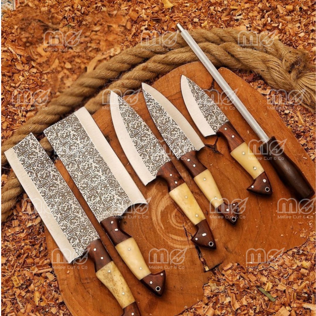 5-Piece Custom Handmade Chef Knife Set with Leather Sheath