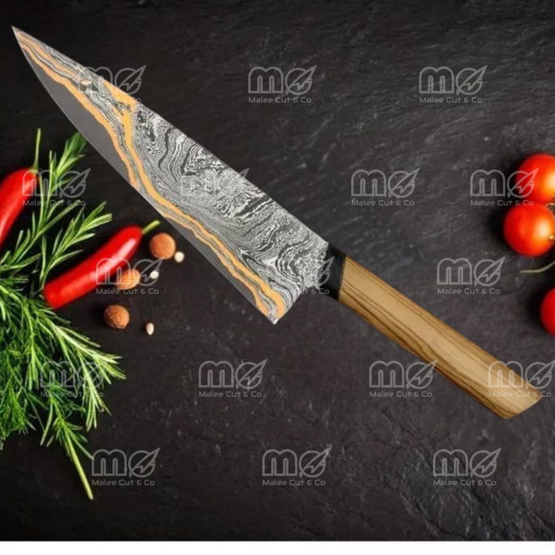 Handmade VG10 Damascus Chef Knife – Olive Wood Handle With Leather Sheath