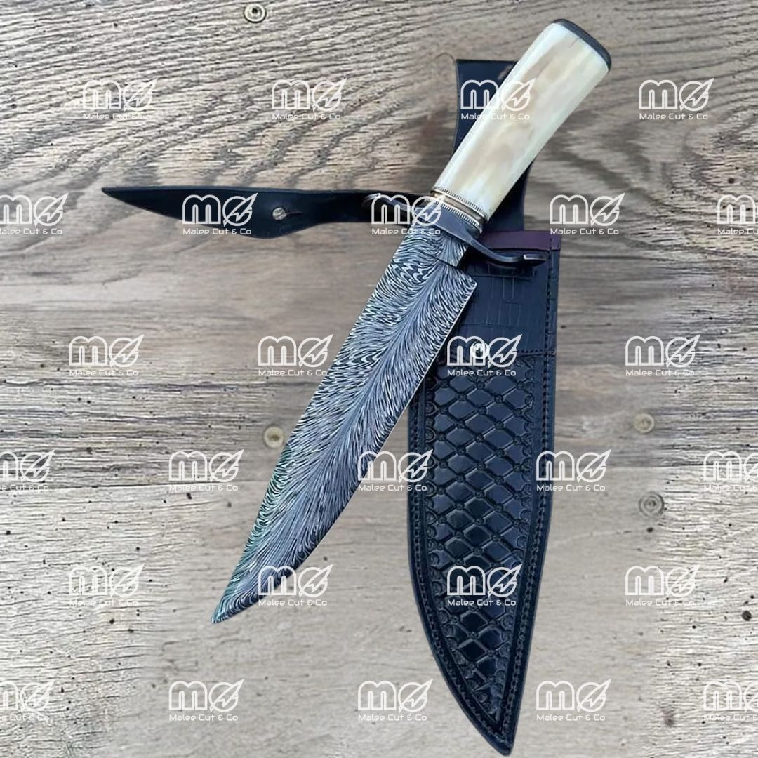 Custom Handmade Fire Pattern Bowie Knife – 13" Damascus Steel Hunting Knife With Camel Bone Handle