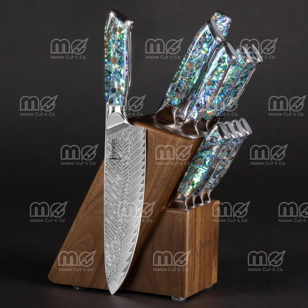 11-Piece Real Abalone Shell Damascus Knife Set with Acacia Wood Block