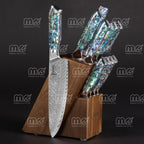 11-Piece Real Abalone Shell Damascus Knife Set with Acacia Wood Block