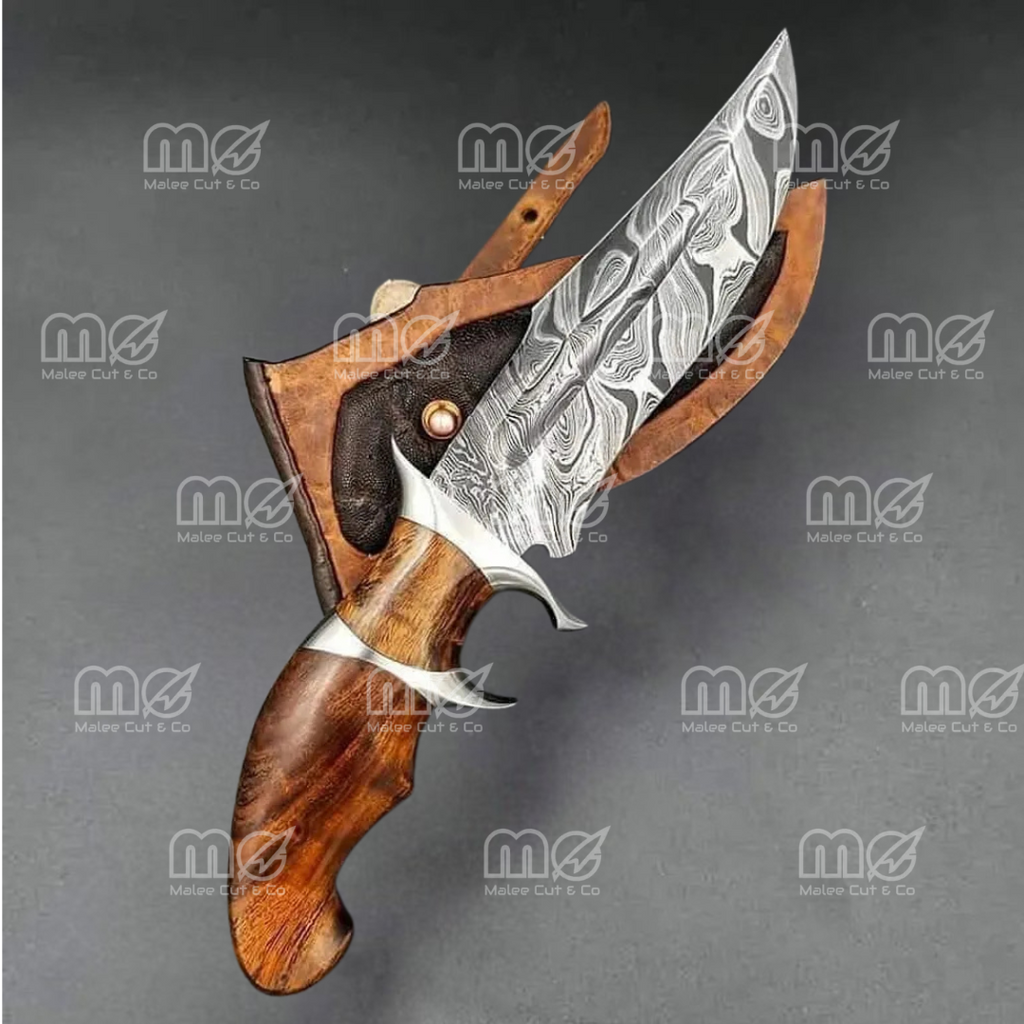 Custom Hand-Forged 10" Damascus Steel Bowie Hunting Knife with Leather Sheath