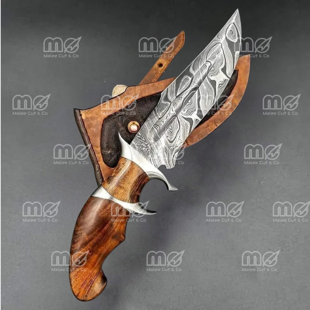 Custom Hand-Forged 10" Damascus Steel Bowie Hunting Knife with Leather Sheath