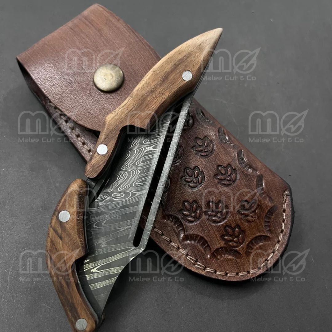 Handmade Damascus Steel Folding Pocket Knife with Leather Case