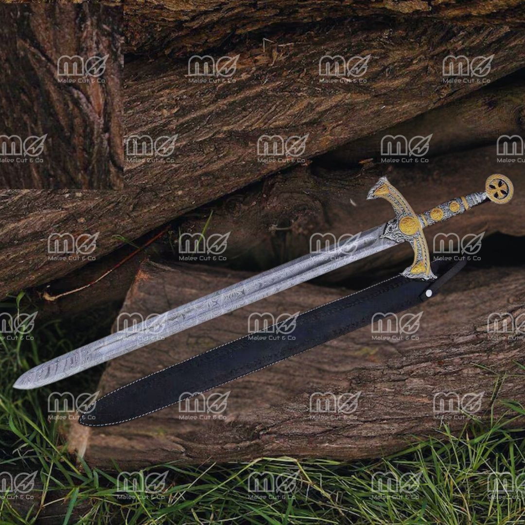 Damascus Steel King Solomon Sword With Leather Sheath – Maleecutandco