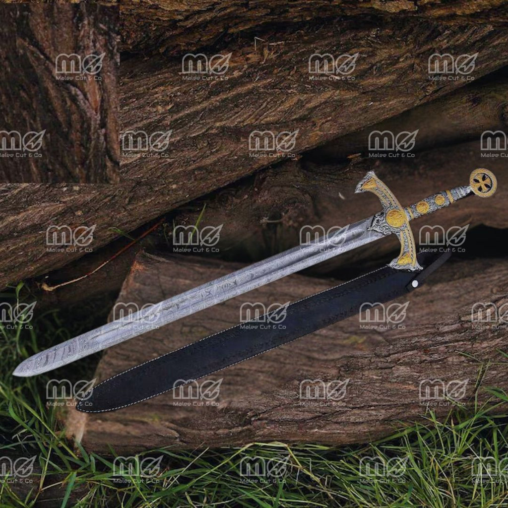 Damascus Steel King Solomon Sword With Leather Sheath