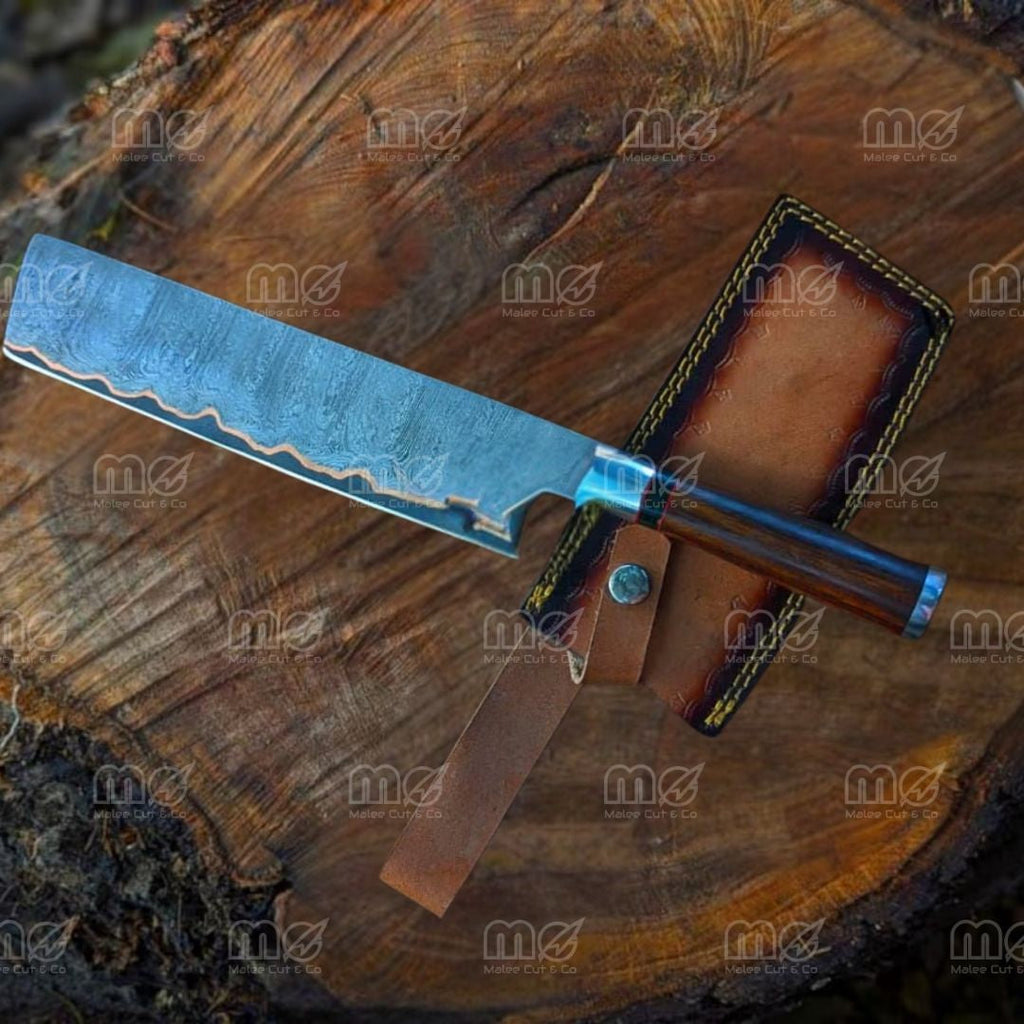 Best Handmade Copper Damascus Steel Cleaver Knife - Leather Sheath