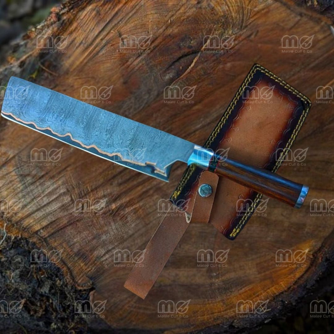 Best Handmade Copper Damascus Steel Cleaver Knife - Leather Sheath