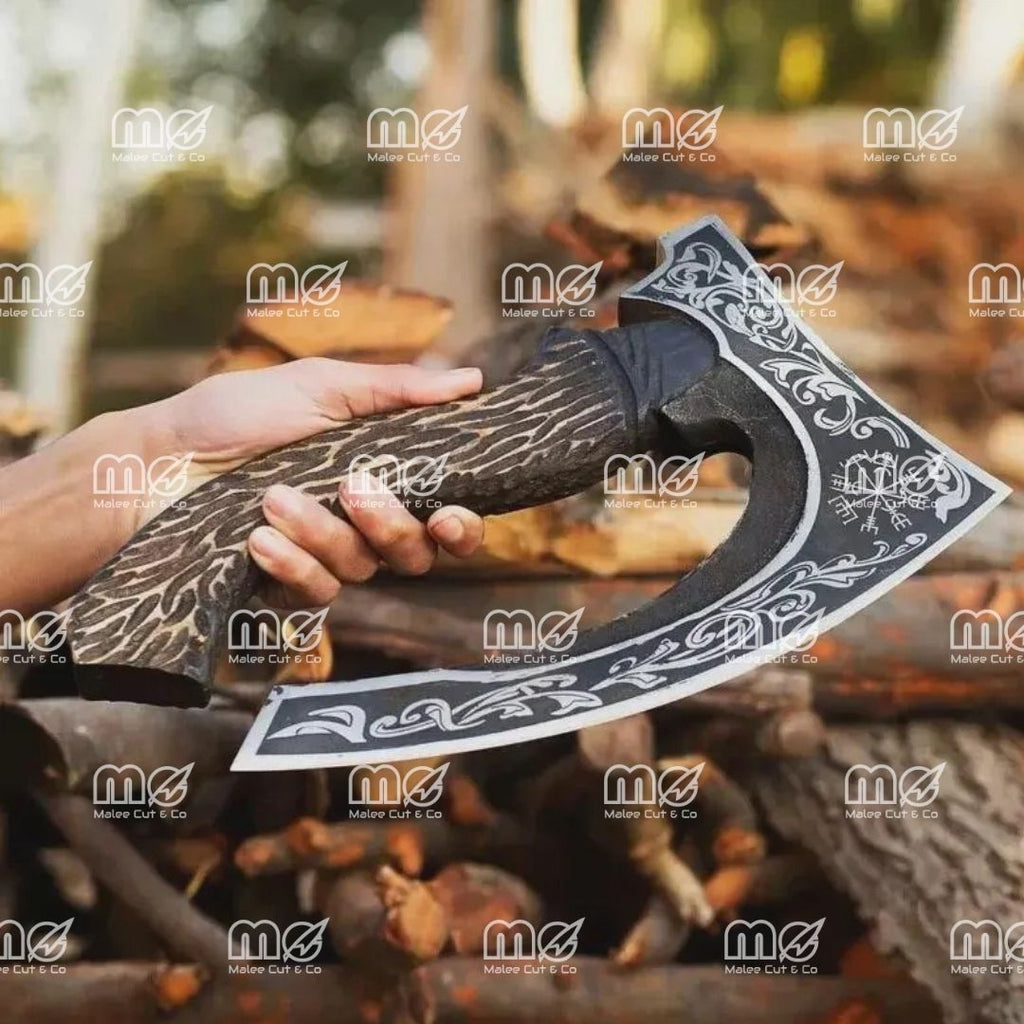 Hand Forged Viking Pizza Cutter Axe With Carbon Steel Blade, Ash Wood Handle & Leather Sheath