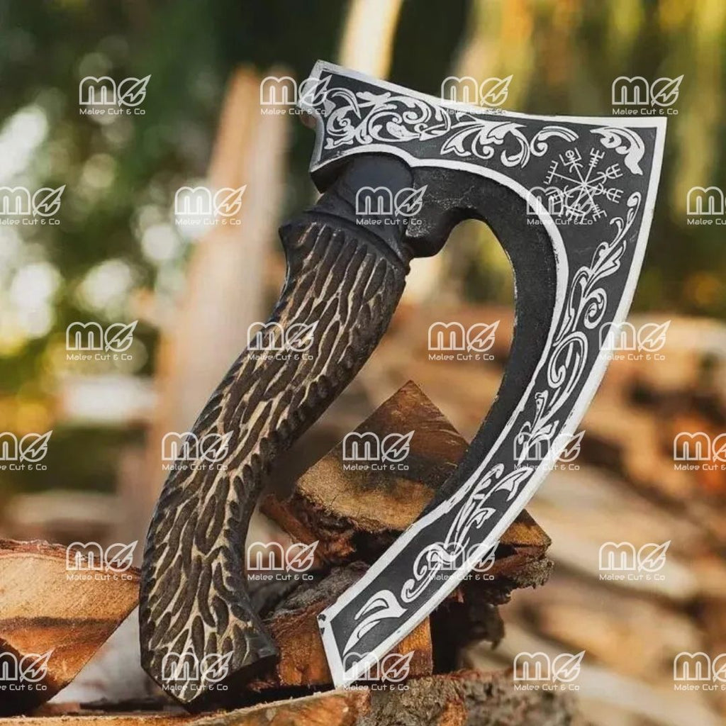 Hand Forged Viking Pizza Cutter Axe With Carbon Steel Blade, Ash Wood Handle & Leather Sheath