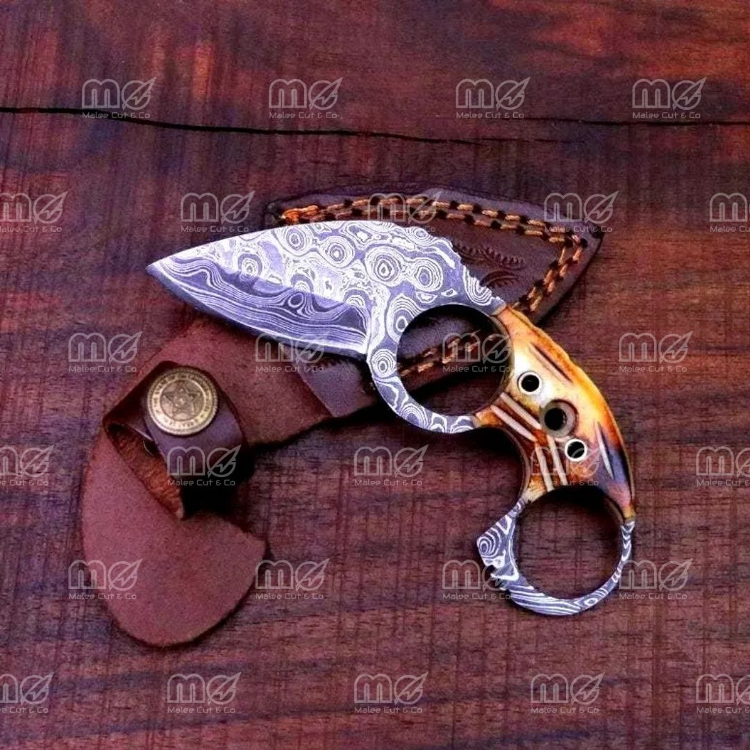 Handmade Damascus Karambit Knife – Bone Handle, Leather Sheath