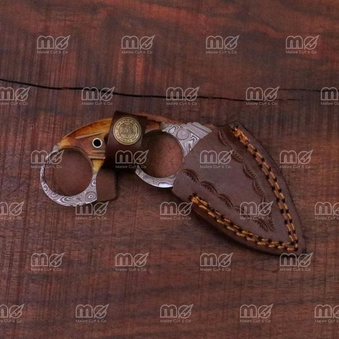 Handmade Damascus Karambit Knife – Bone Handle, Leather Sheath