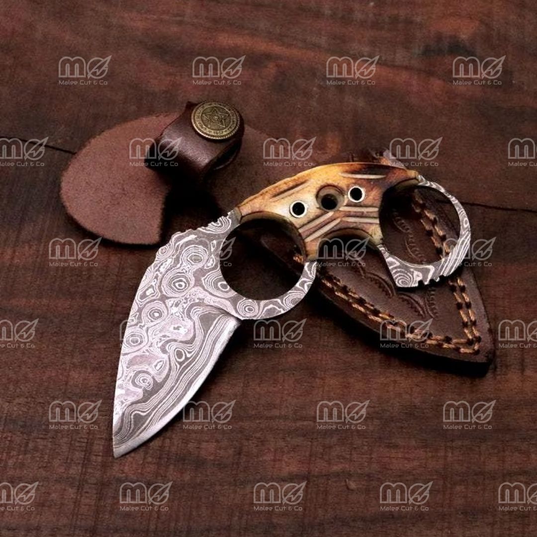 Handmade Damascus Karambit Knife – Bone Handle, Leather Sheath