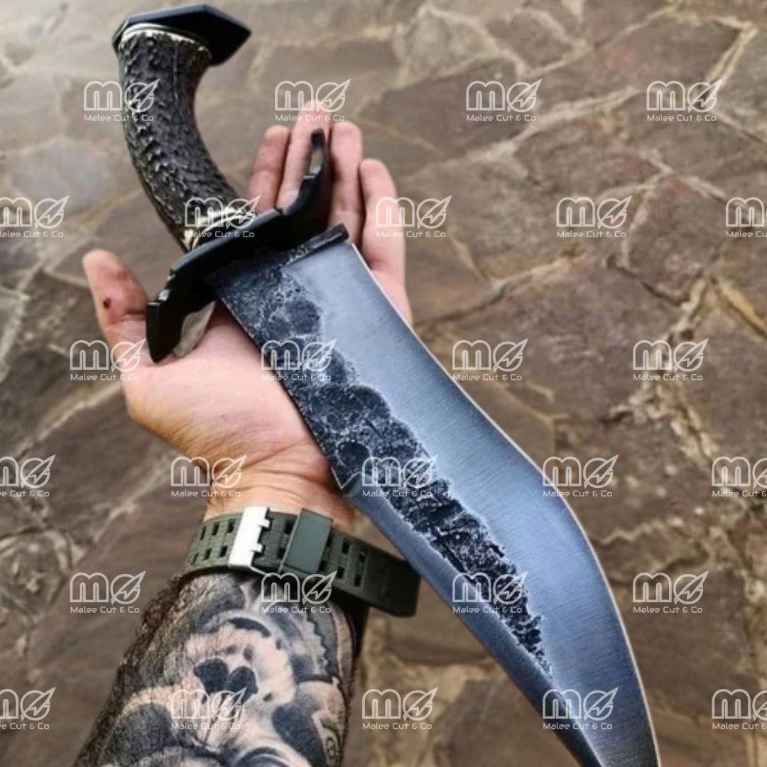 Handmade San Mai Steel Bowie Knife – 12″ Blade, Deer Horn Handle, Red & Black Leather Sheath