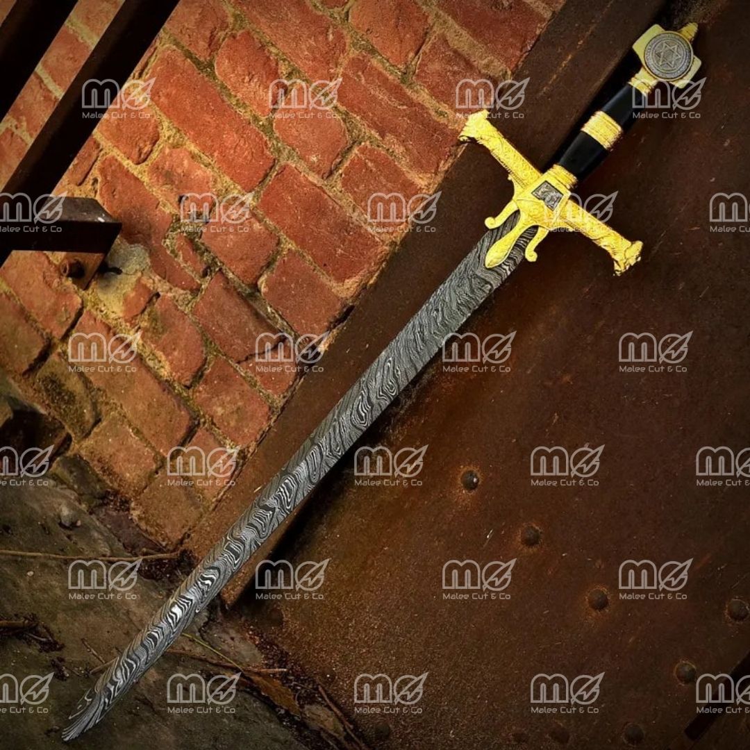 King Solomon Damascus Steel Sword – Hand-Forged Viking & Medieval Crusader Replica with Leather Sheath | Biblical Star of David Sword