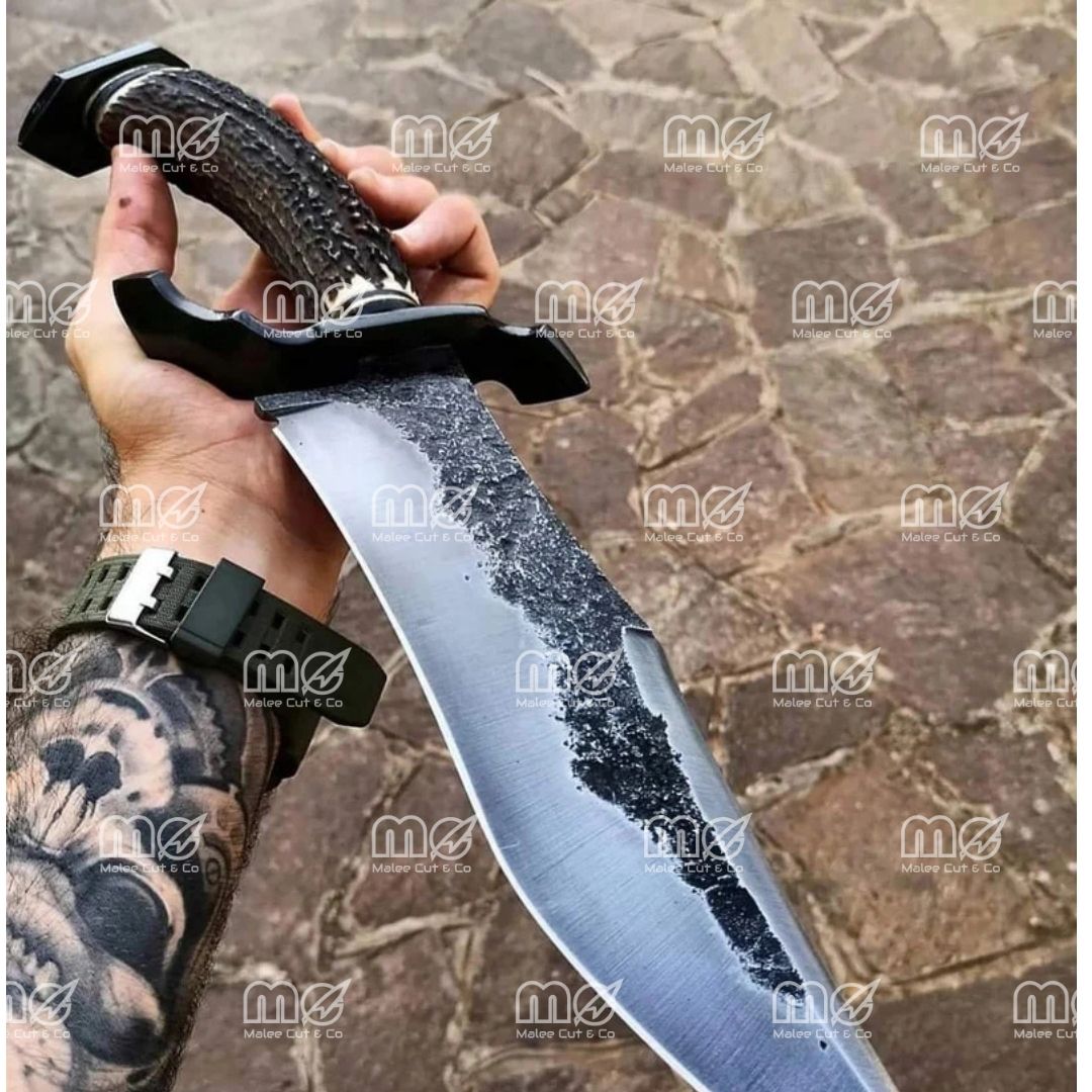 Handmade San Mai Steel Bowie Knife – 12″ Blade, Deer Horn Handle, Red & Black Leather Sheath