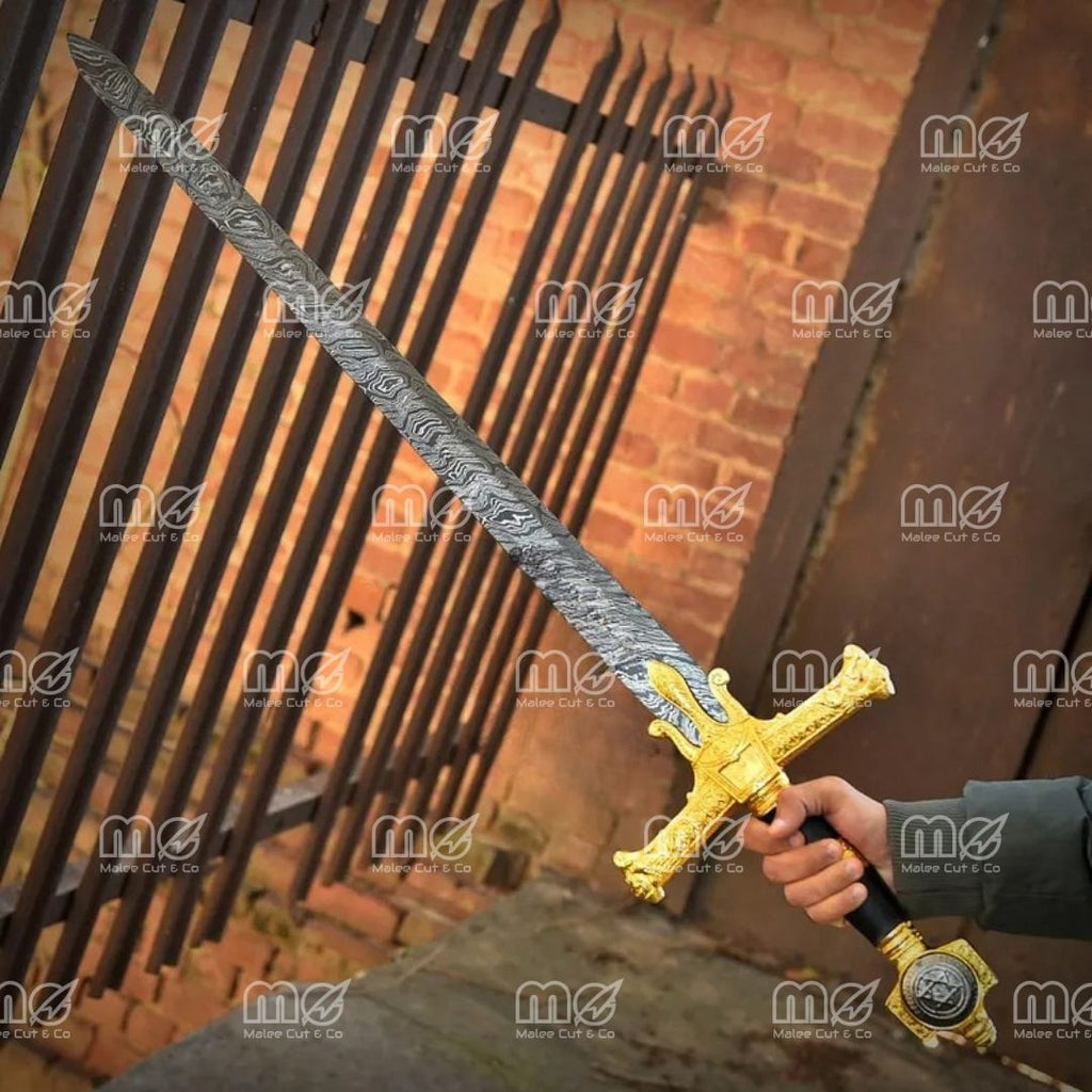 King Solomon Damascus Steel Sword – Hand-Forged Viking & Medieval Crusader Replica with Leather Sheath | Biblical Star of David Sword