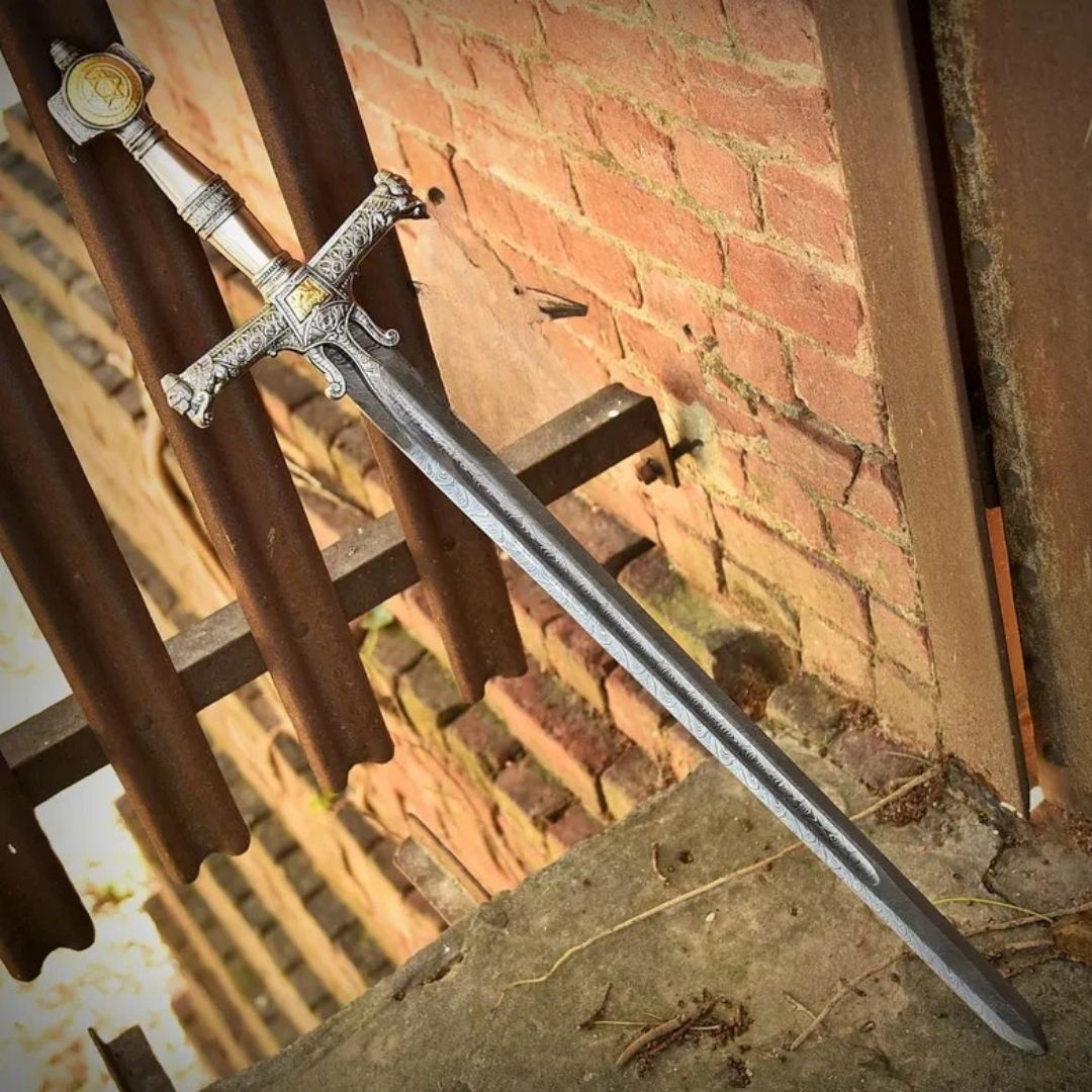 King Solomon Damascus Steel Sword – Hand-Forged Viking & Medieval Crusader Replica with Leather Sheath | Biblical Star of David Sword