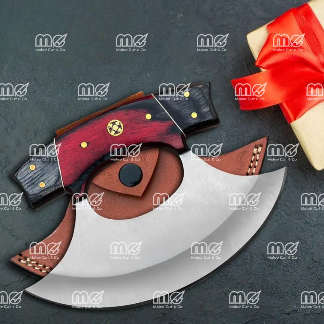 Hand-Forged Stainless Steel Ulu Knife & Pizza Cutter With Wooden Handle And Leather Sheath