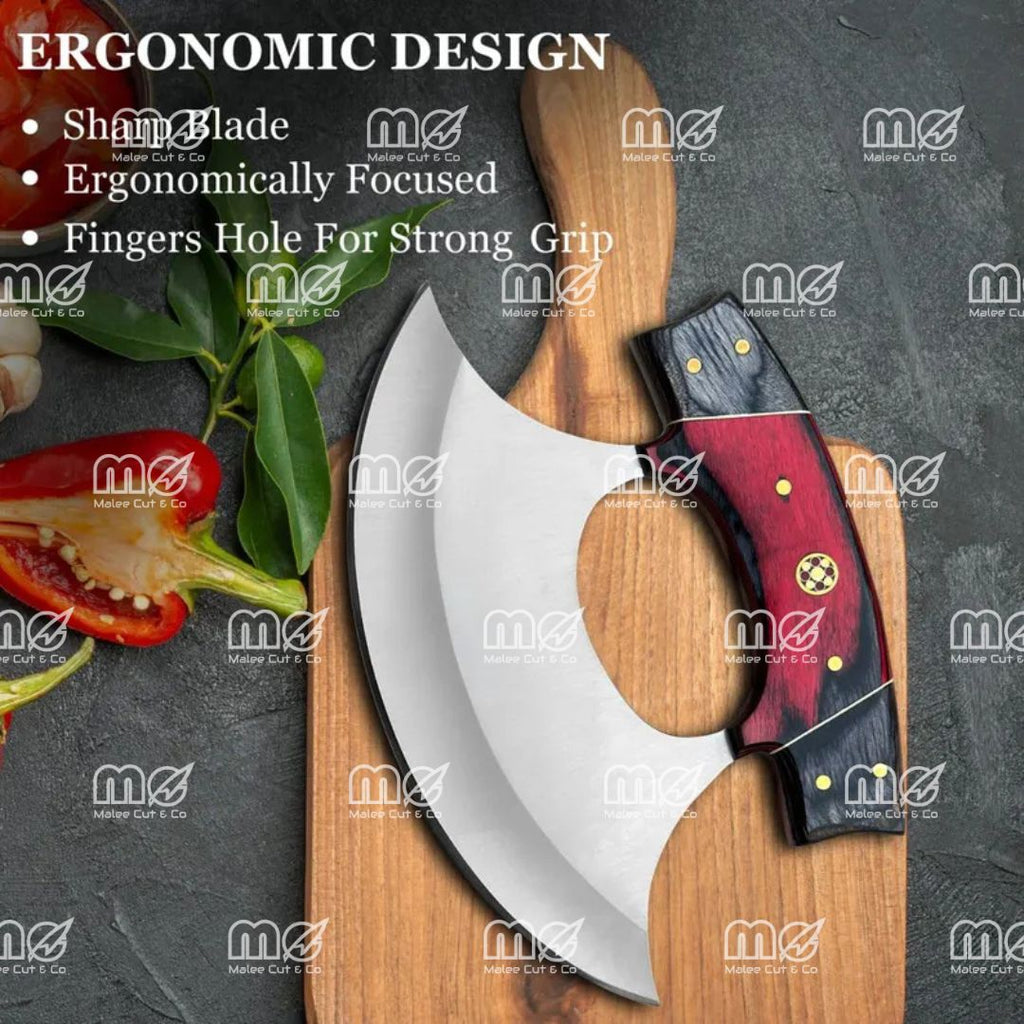 Hand-Forged Stainless Steel Ulu Knife & Pizza Cutter With Wooden Handle And Leather Sheath