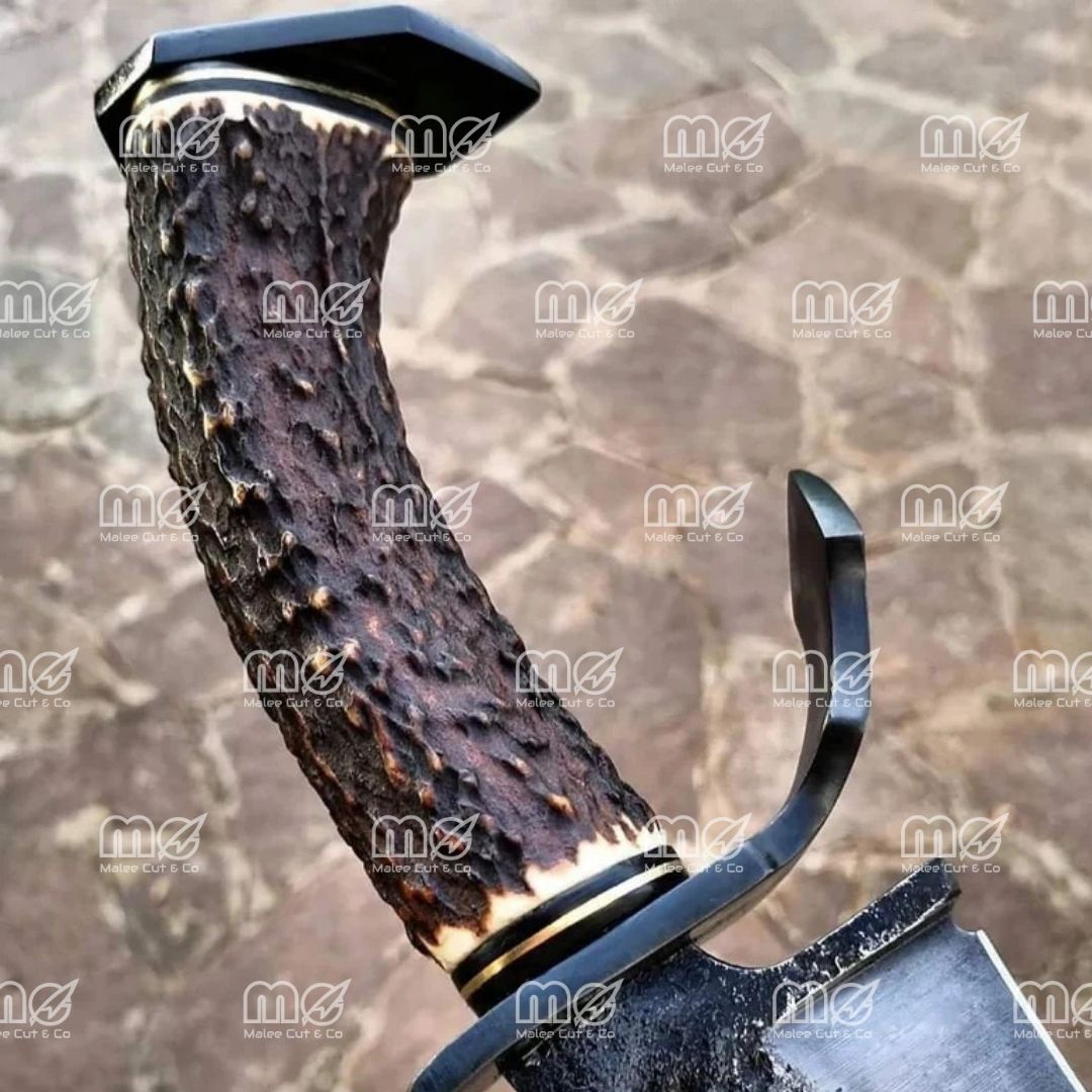 Handmade San Mai Steel Bowie Knife – 12″ Blade, Deer Horn Handle, Red & Black Leather Sheath