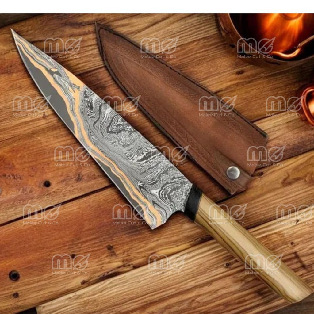 Handmade VG10 Damascus Chef Knife – Olive Wood Handle With Leather Sheath