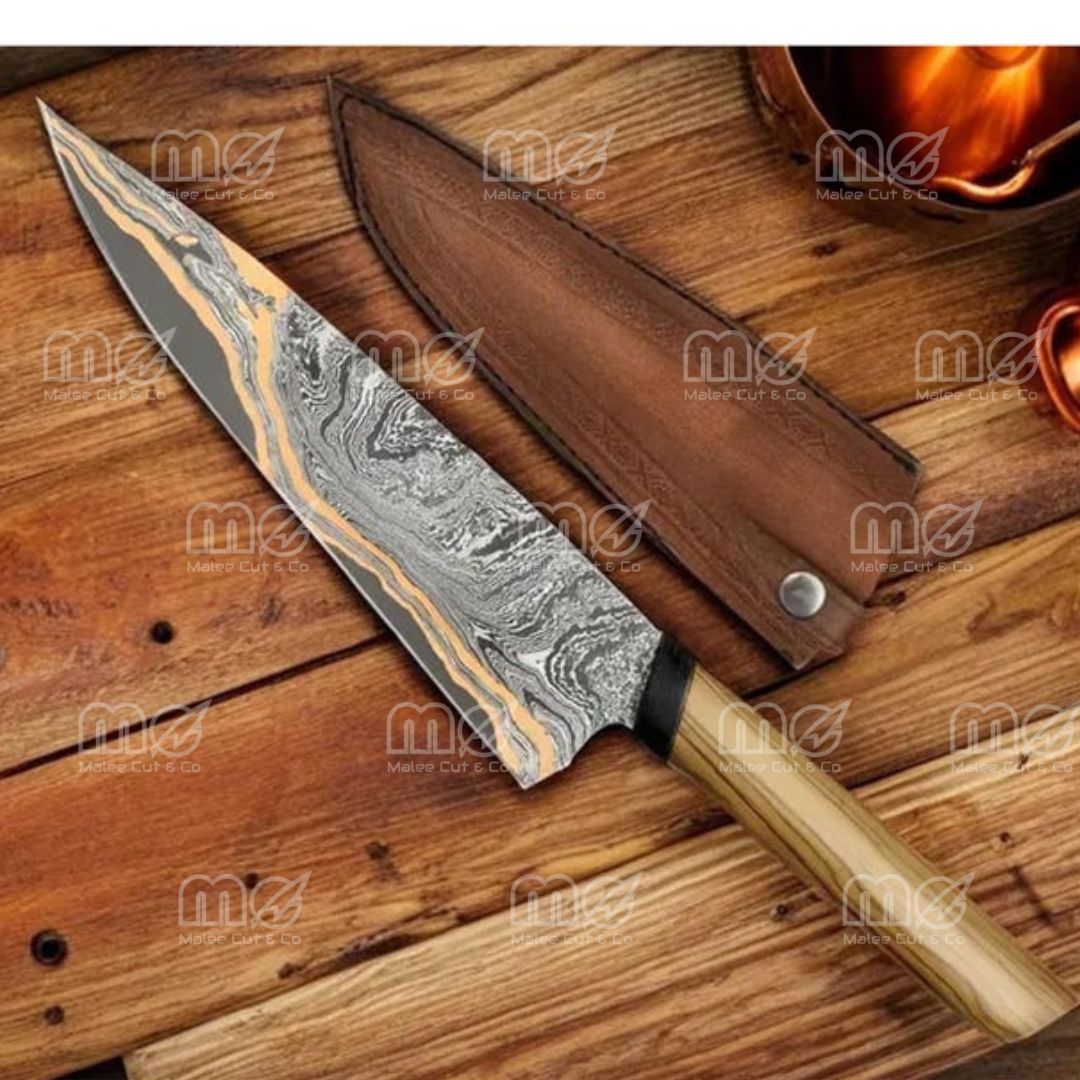 Handmade VG10 Damascus Chef Knife – Olive Wood Handle With Leather Sheath