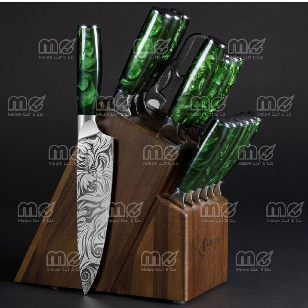 16-Piece Japanese Chef Knife Block Set – Green Resin Handles & Acacia Wood Block