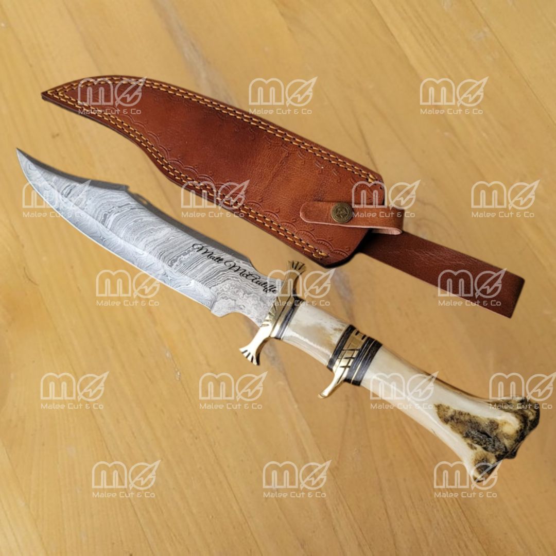 Custom Damascus Steel Hunting Knife with Camel Bone Handle