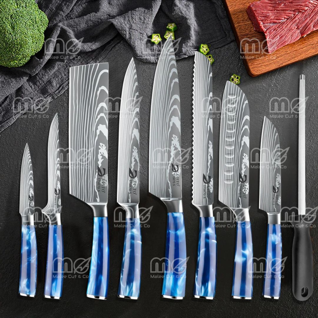 9PCS Japanese Damascus Pattern Kitchen Knife Set