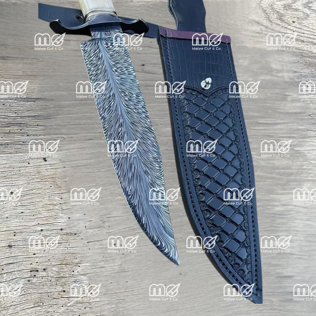 Custom Handmade Fire Pattern Bowie Knife – 13" Damascus Steel Hunting Knife With Camel Bone Handle