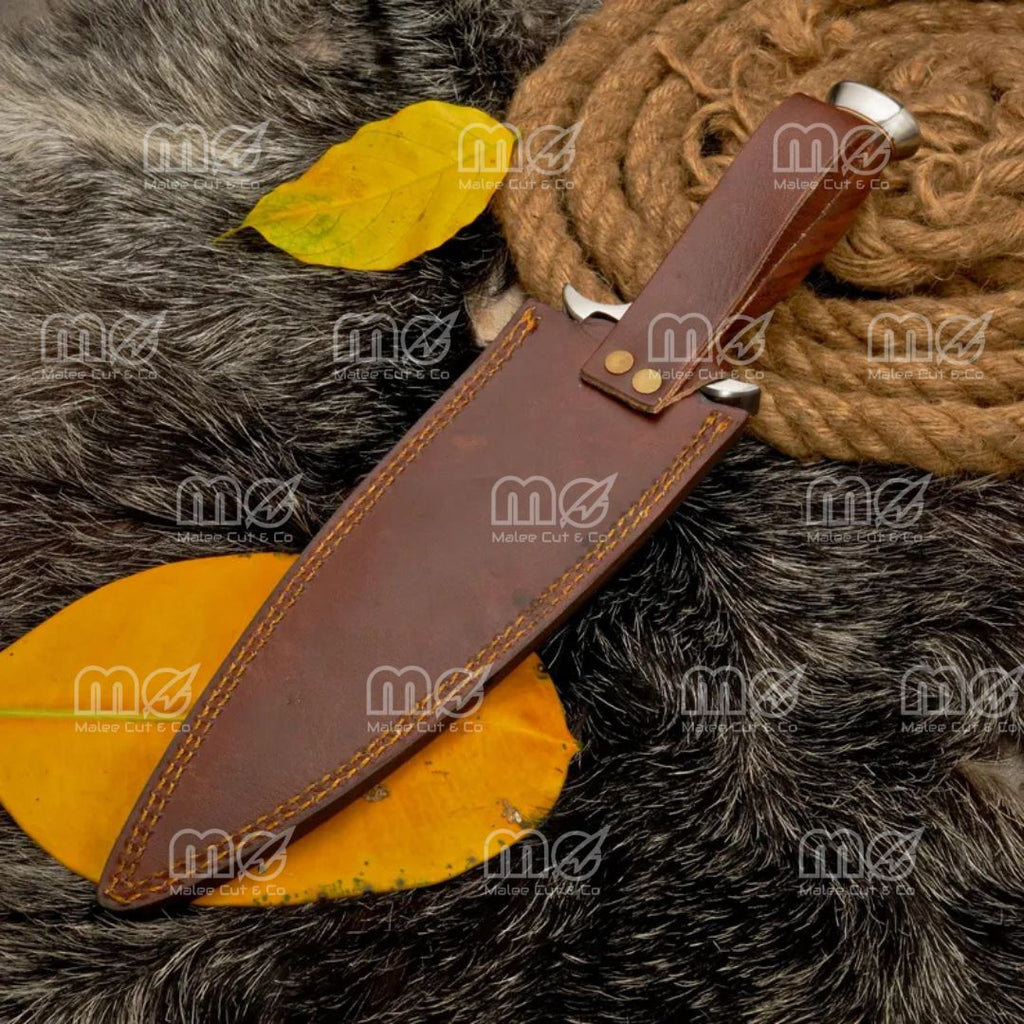 Hand-Forged Damascus Steel Bowie Knife – Rosewood Handle, Full Tang Blade & Leather Sheath | Custom Hunting & Survival Knife | Gift for Him