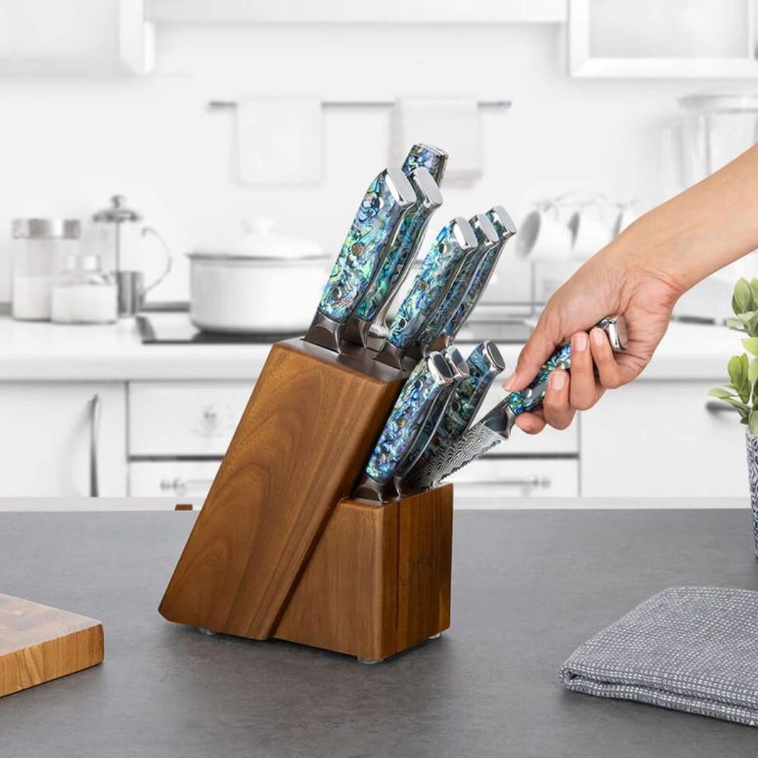 11-Piece Real Abalone Shell Damascus Knife Set with Acacia Wood Block
