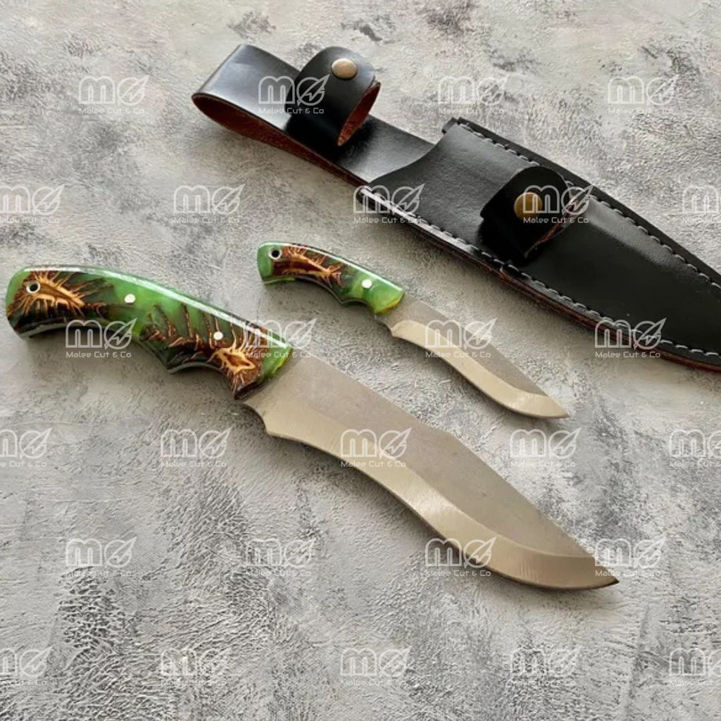 Hand-Forged Hunting Knife Set With Walnut Wood Handles & Leather Sheaths