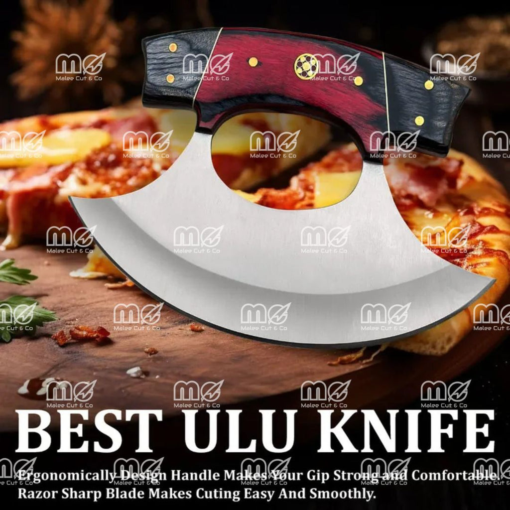 Hand-Forged Stainless Steel Ulu Knife & Pizza Cutter With Wooden Handle And Leather Sheath