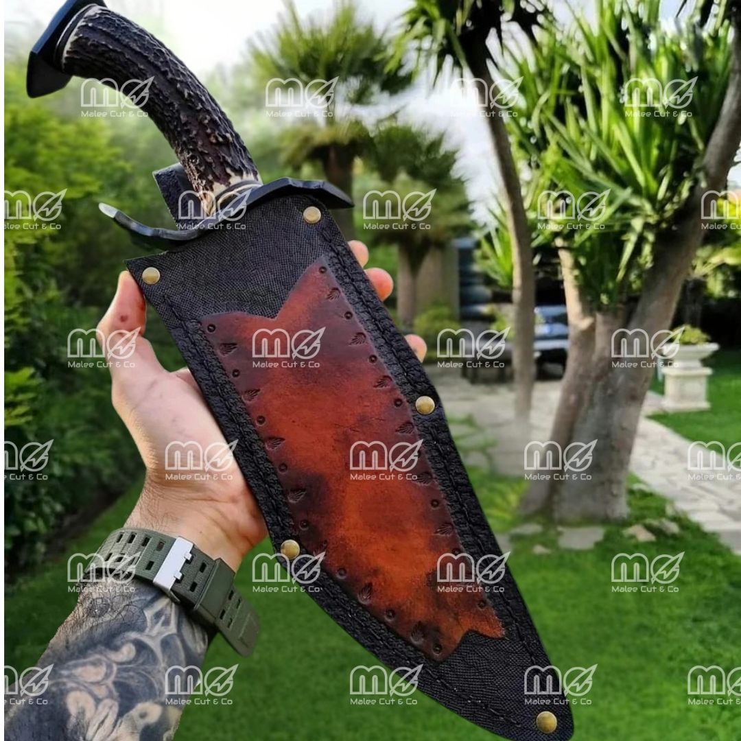 Handmade San Mai Steel Bowie Knife – 12″ Blade, Deer Horn Handle, Red & Black Leather Sheath