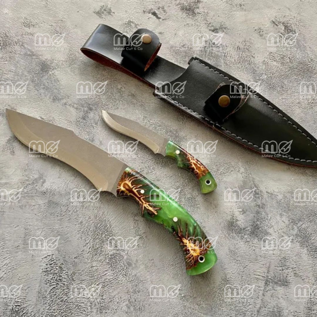 Hand-Forged Hunting Knife Set With Walnut Wood Handles & Leather Sheaths