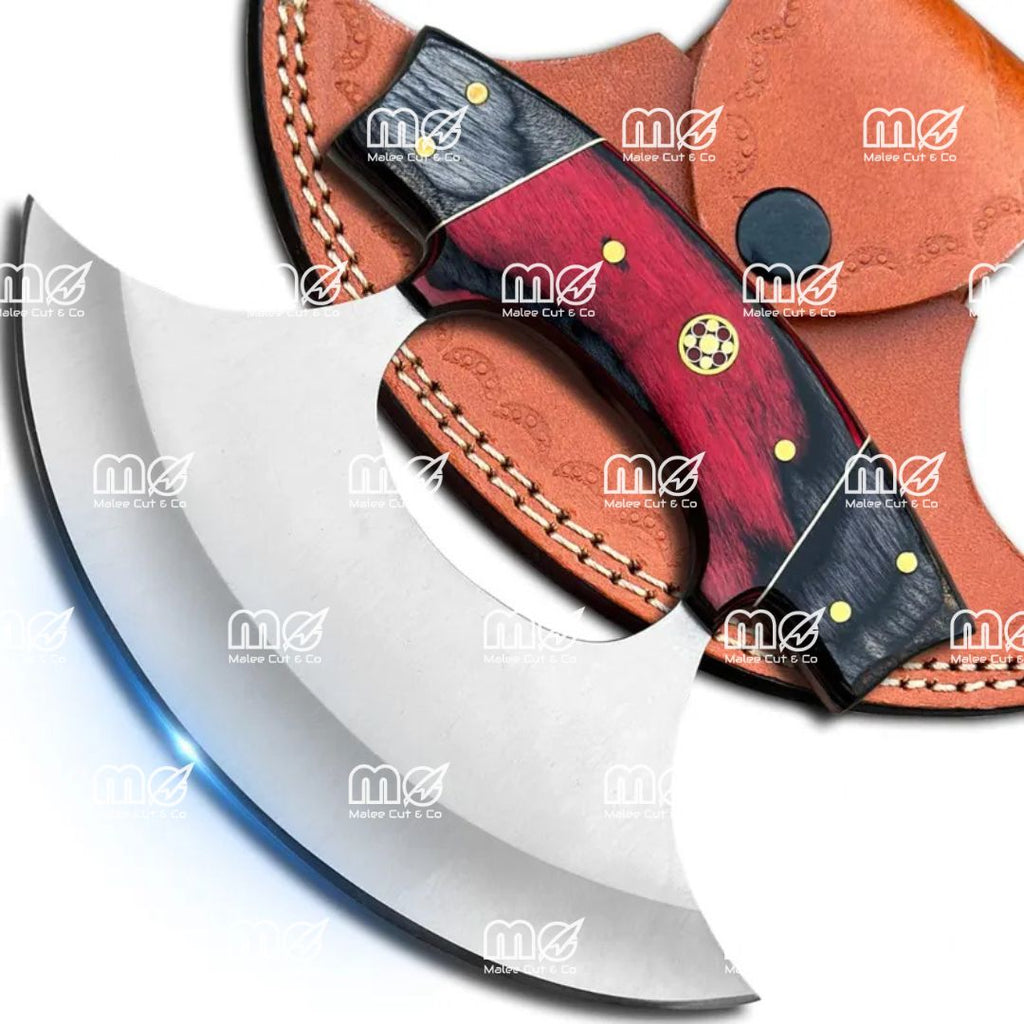Hand-Forged Stainless Steel Ulu Knife & Pizza Cutter With Wooden Handle And Leather Sheath