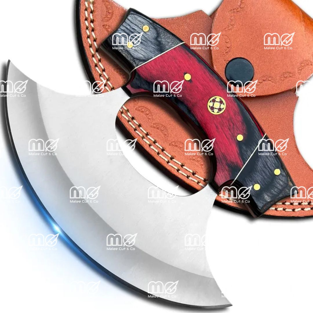 Hand-Forged Stainless Steel Ulu Knife & Pizza Cutter With Wooden Handle And Leather Sheath