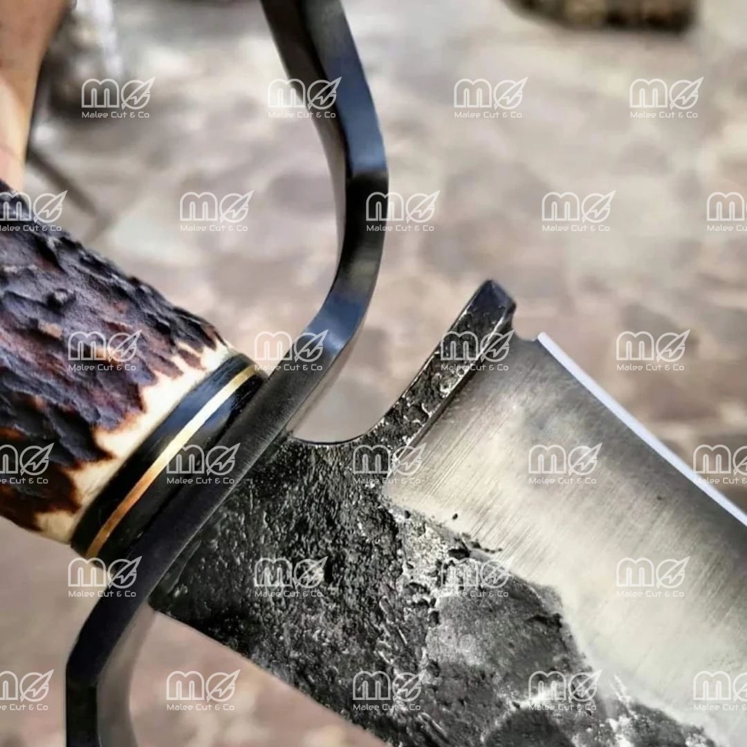 Handmade San Mai Steel Bowie Knife – 12″ Blade, Deer Horn Handle, Red & Black Leather Sheath