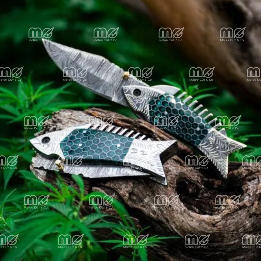 Custom Handmade Damascus Steel Fish Folding Pocket Knife