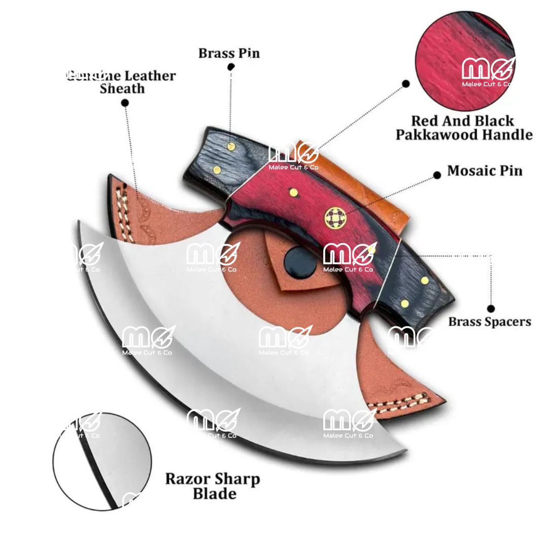 Hand-Forged Stainless Steel Ulu Knife & Pizza Cutter With Wooden Handle And Leather Sheath