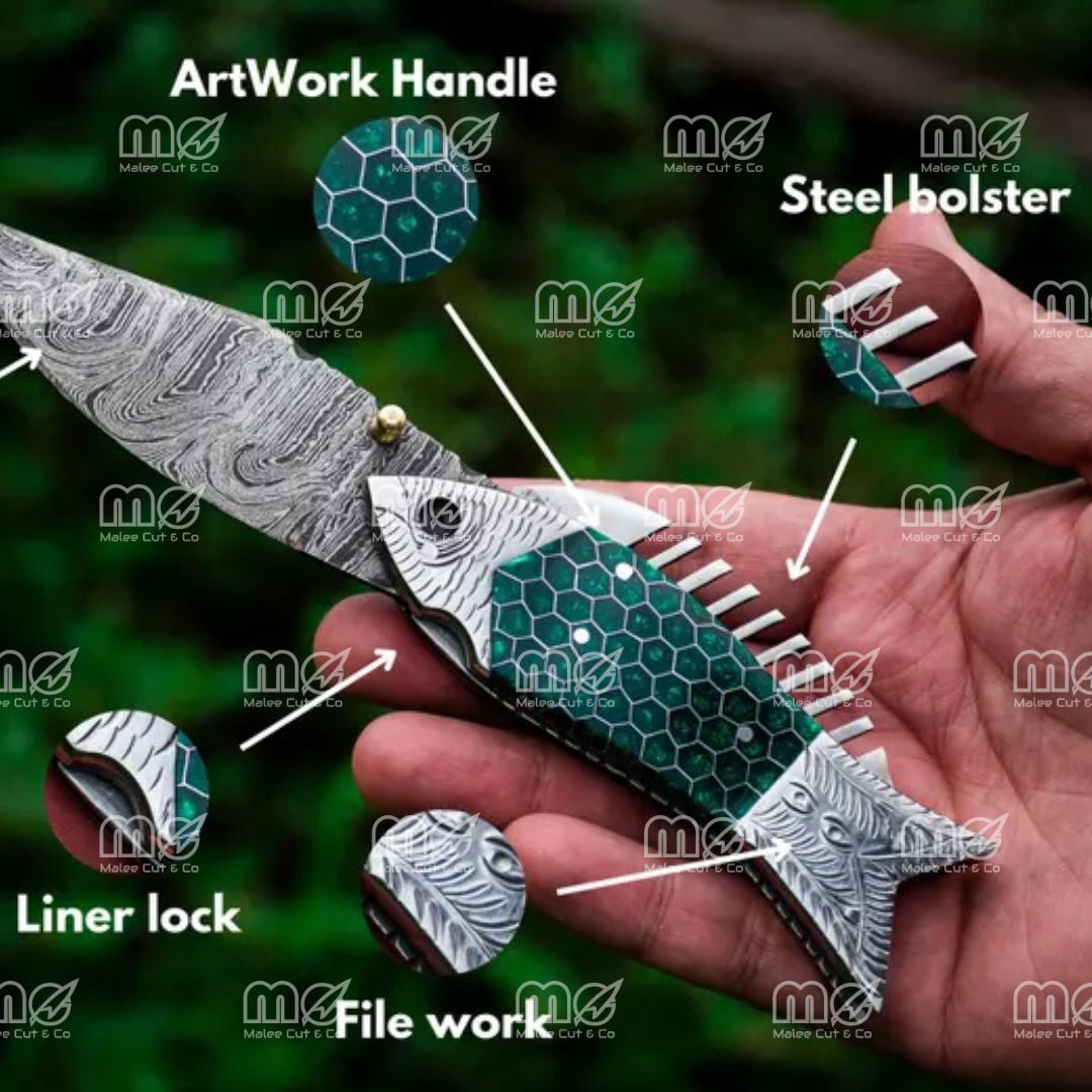Custom Handmade Damascus Steel Fish Folding Pocket Knife