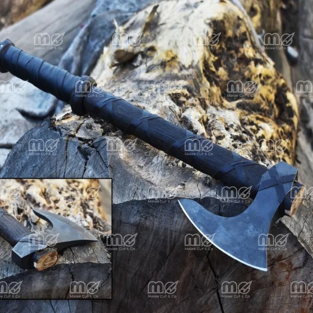 Hand-Forged King Ragnar Viking Axe | Black Steel Camping Axe with Leather Sheath