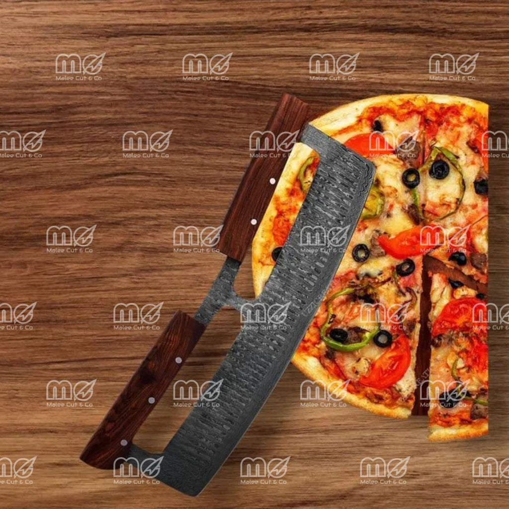 Large Damascus Steel Pizza Cutter with Rosewood Handle