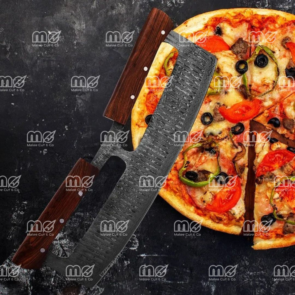 Large Damascus Steel Pizza Cutter with Rosewood Handle