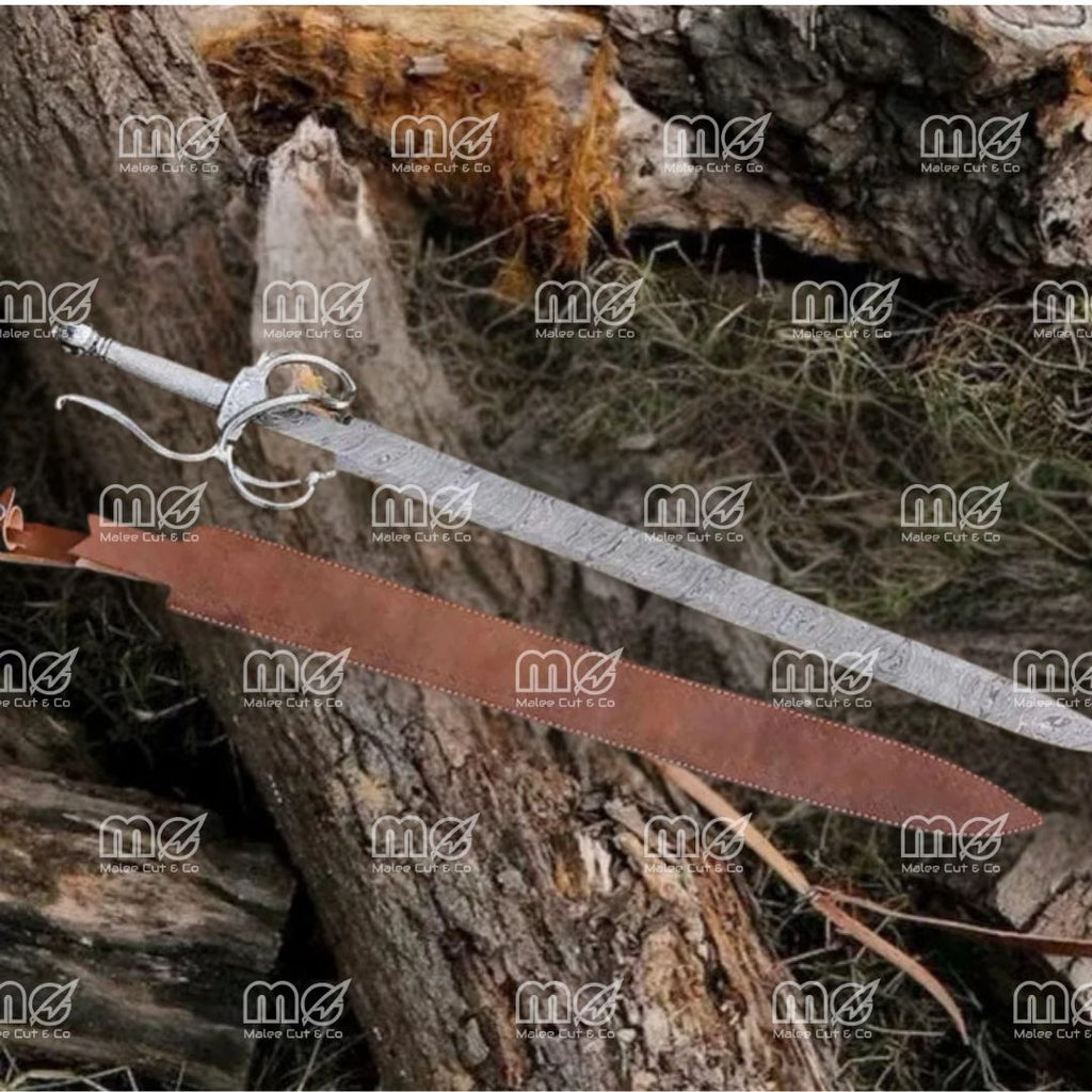 Hand Forged Damascus Steel Rapier Sword With Leather Sheath