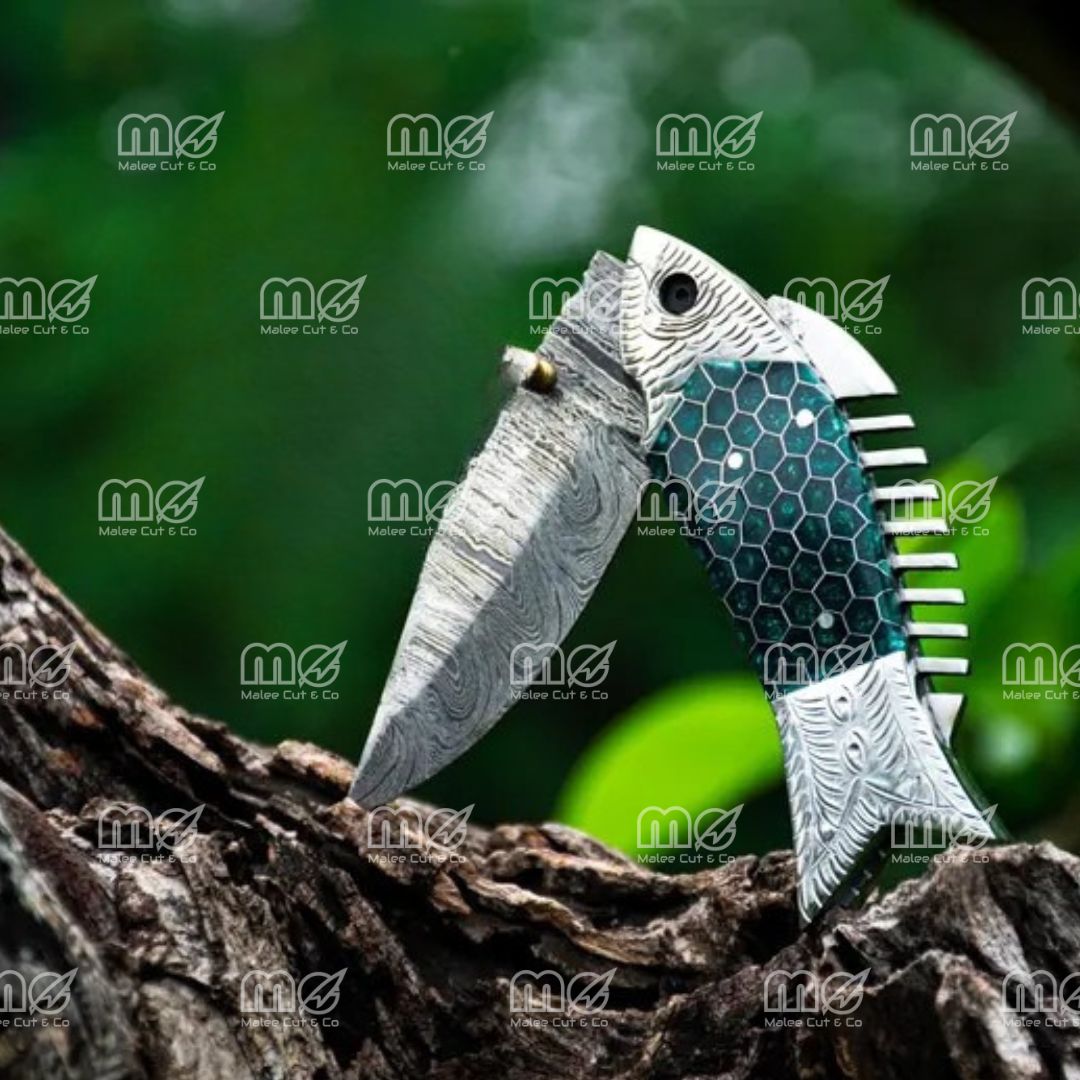 Custom Handmade Damascus Steel Fish Folding Pocket Knife