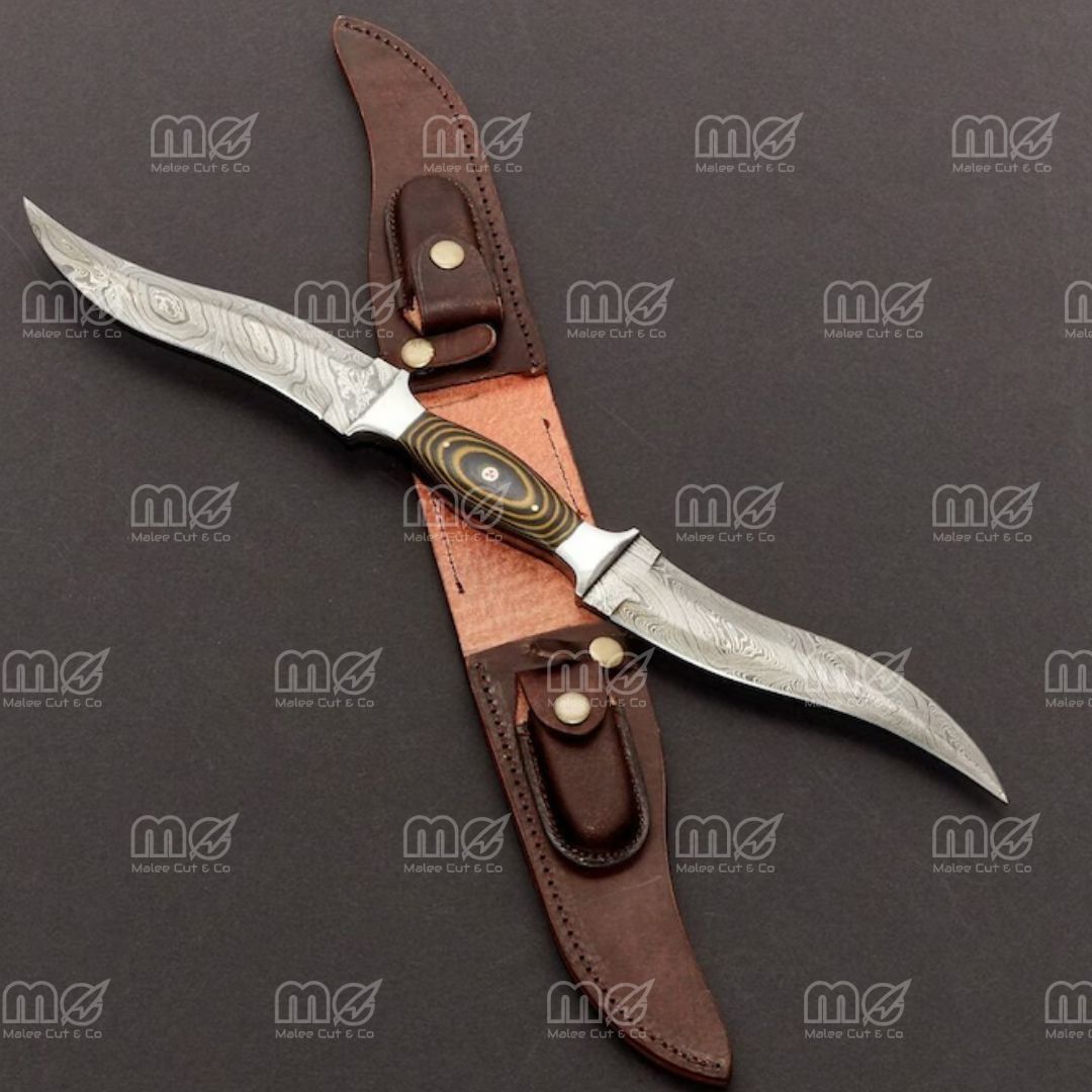 Custom Handmade Double Blade Damascus Hunting Knife With Leather Sheath