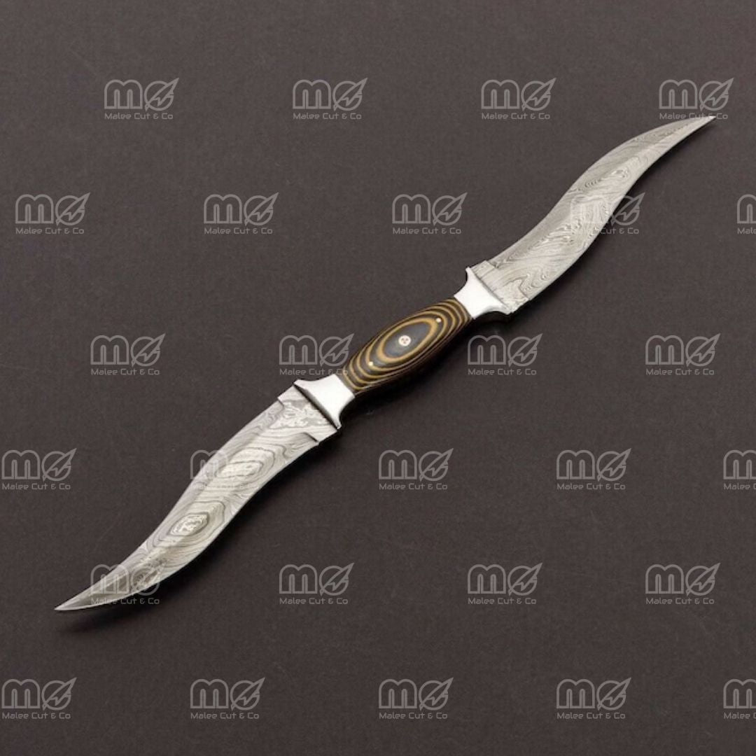 Custom Handmade Double Blade Damascus Hunting Knife With Leather Sheath